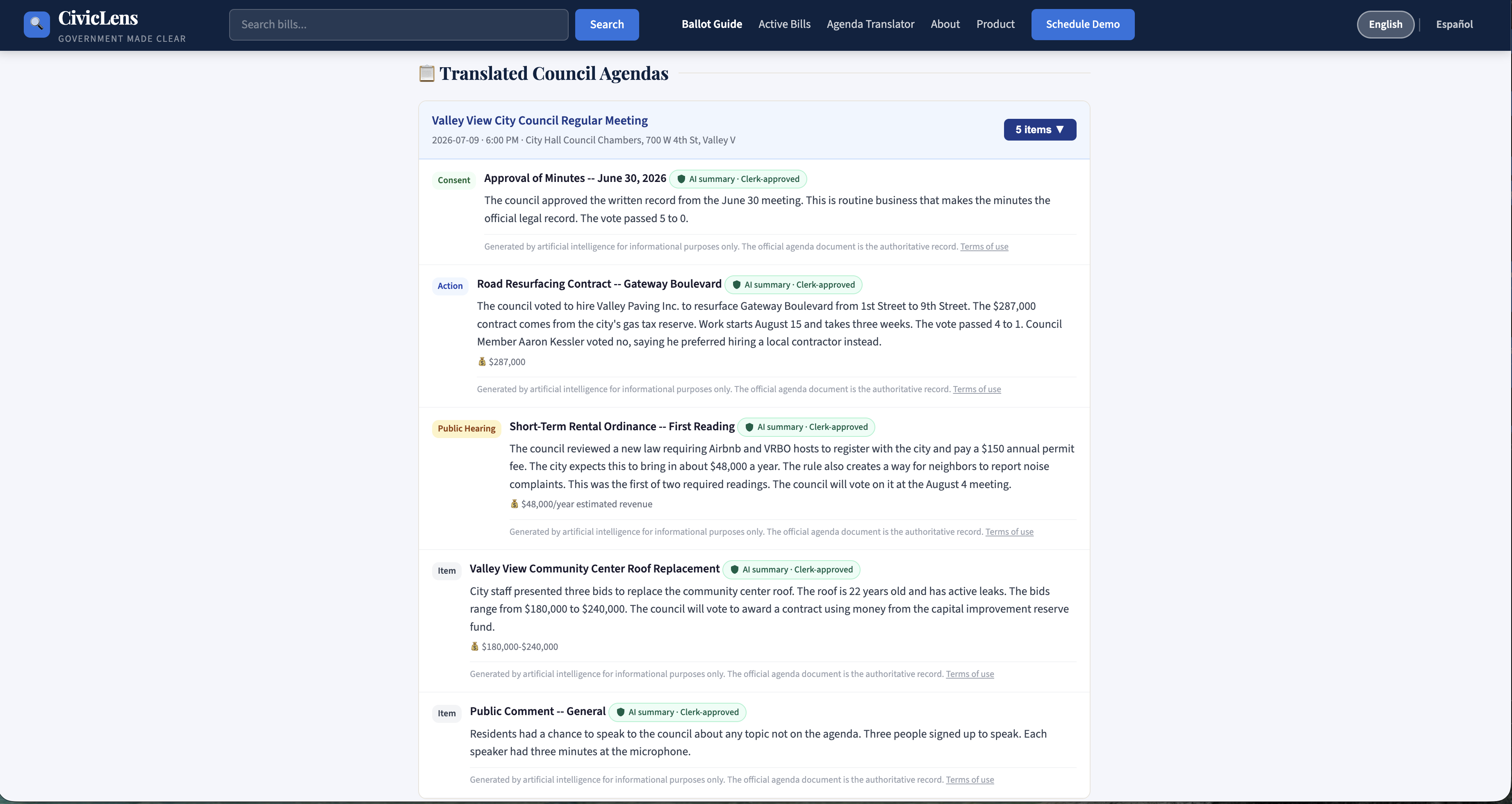 CivicLens council agenda page for the City of Valley View, listing every item with an AI-generated plain English summary approved by the clerk