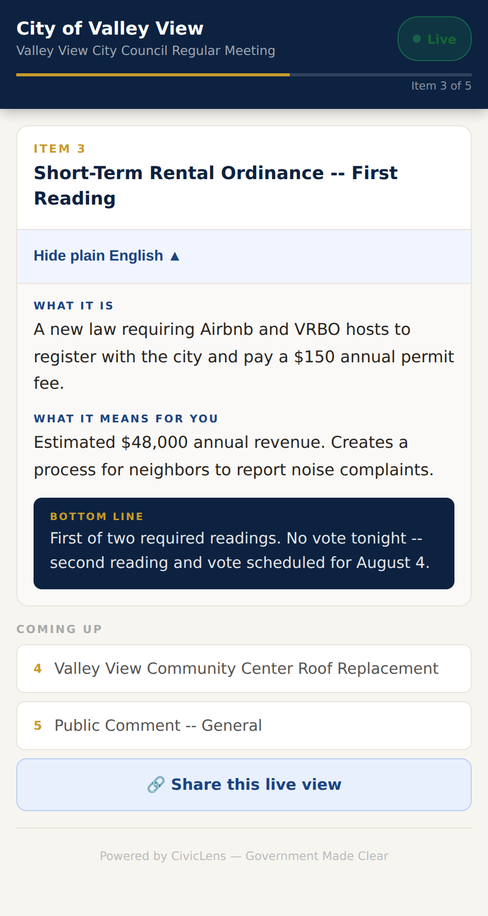 CivicLens resident-facing live view during a Valley View City Council meeting, showing the current agenda item's plain English summary and upcoming items